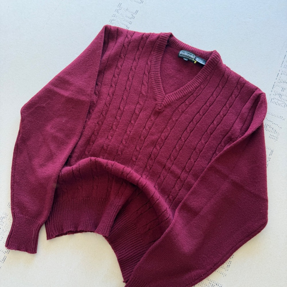Vintage 90s Traditionalist V-Neck Sweater Maroon Cable Knit XL